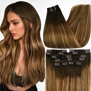 20” Human Hair Clip In Extensions Balayage Silky Straight Clip Ins Fullshine